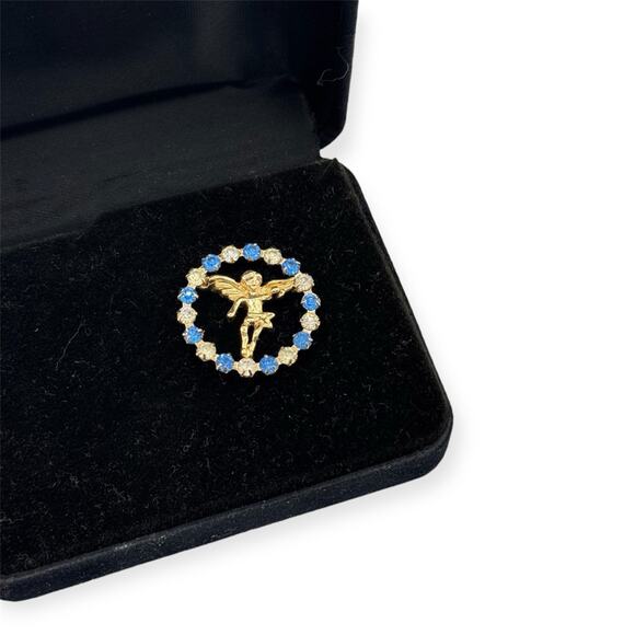 Vintage Guardian Angel Circle Of Protection Gold Tone Lapel Pin Estate Jewelry - Picture 2 of 4